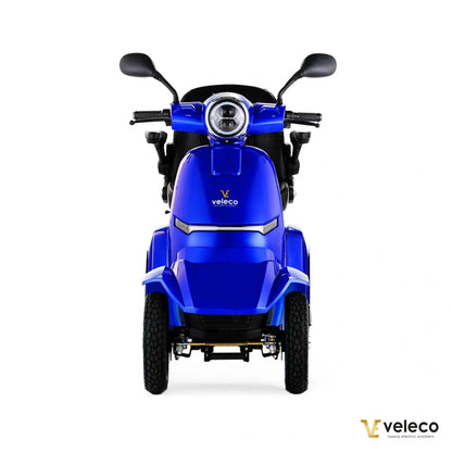 Electric Mobility Scooter Veleco Gravis features a sleek blue design, comfortable seating, and sturdy handlebars.
