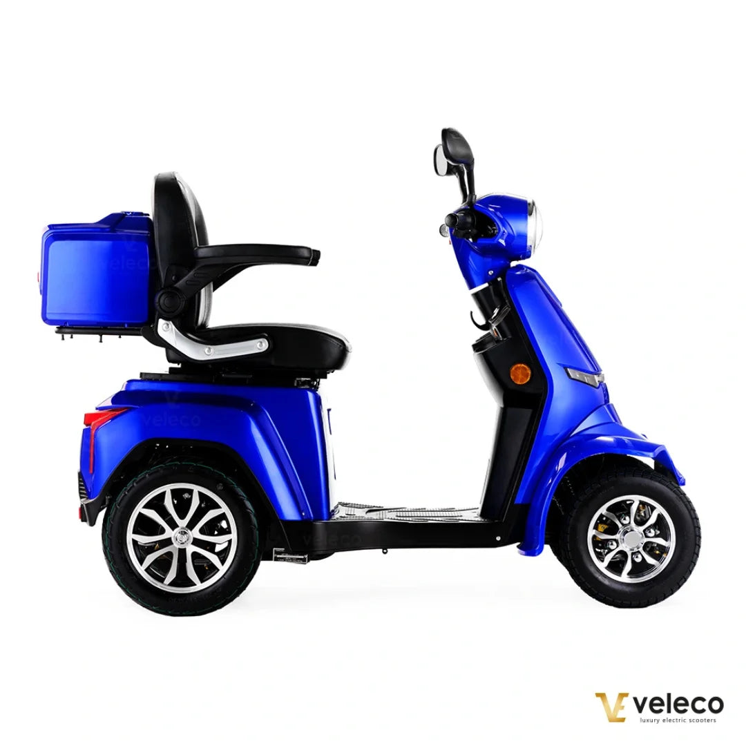 Electric Mobility Scooter Veleco Gravis features a sleek blue design, comfortable seat, and spacious rear storage.