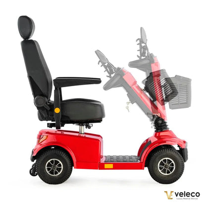 Electric Mobility Scooter Veleco Jumpy features a stylish red design, adjustable seat for comfort, and sturdy wheels.
