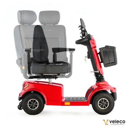 Electric Mobility Scooter Veleco Jumpy features a striking red design, adjustable seat, and sturdy build.