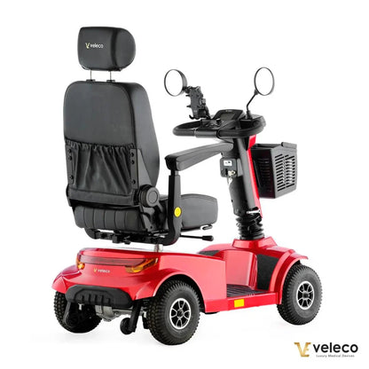 Electric Mobility Scooter Veleco Jumpy, stylish red design with comfortable seating and safety mirrors.