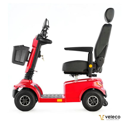 Electric Mobility Scooter Veleco Jumpy features a sleek red design, comfortable seat, and practical basket.