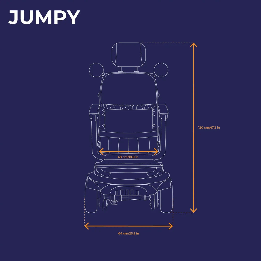 Electric Mobility Scooter Veleco Jumpy features dimensions of 120 cm tall, 64 cm wide, and 48 cm deep for comfort.