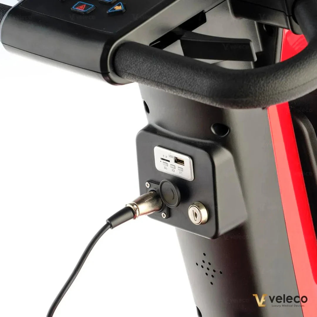 Electric Mobility Scooter Veleco Jumpy features a user-friendly control panel, USB charging port, and secure key slot.