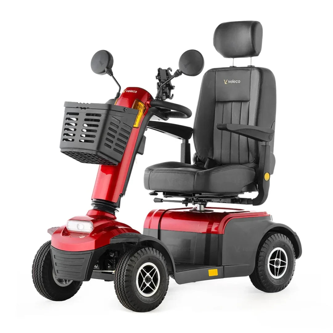 Electric Mobility Scooter Veleco Looper features a sleek red design, comfortable leather seat, and basket.