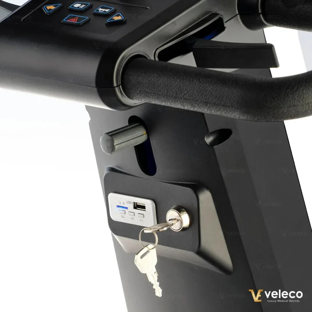 Electric Mobility Scooter Veleco Sharpy features a control panel with buttons, USB port, and key slot.