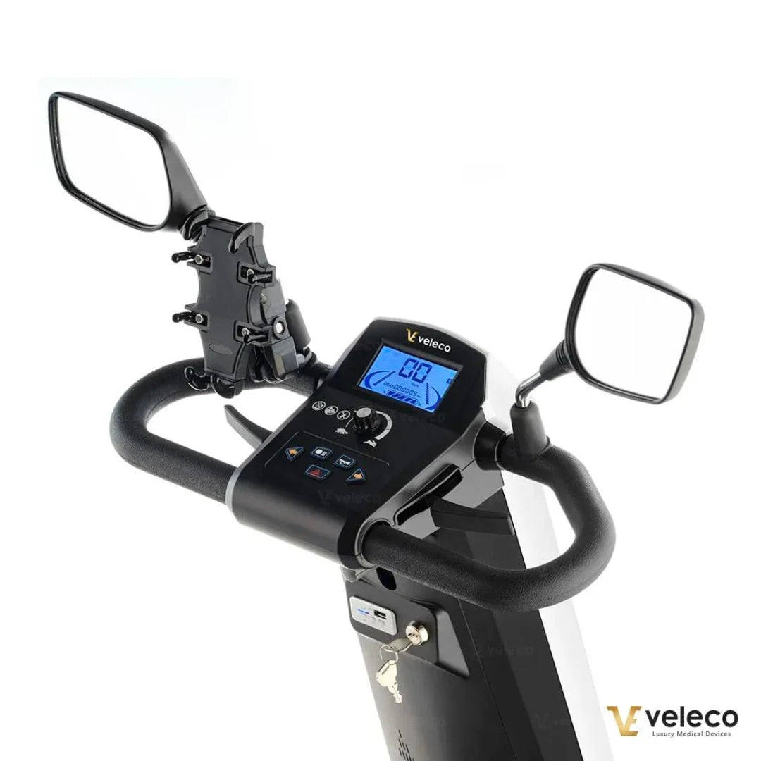 Electric Mobility Scooter Veleco Sharpy features a sleek dashboard, digital display, mirrors, and adjustable handlebars.