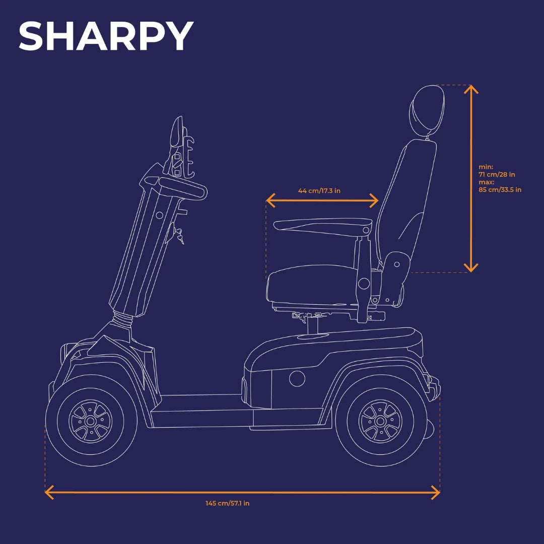 Electric Mobility Scooter Veleco Sharpy features adjustable seat height, compact design, and ergonomic styling.