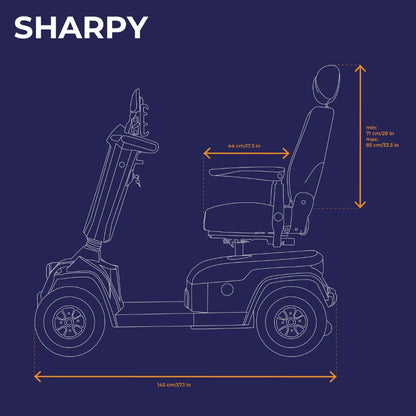 Electric Mobility Scooter Veleco Sharpy features adjustable seat height, compact design, and ergonomic styling.