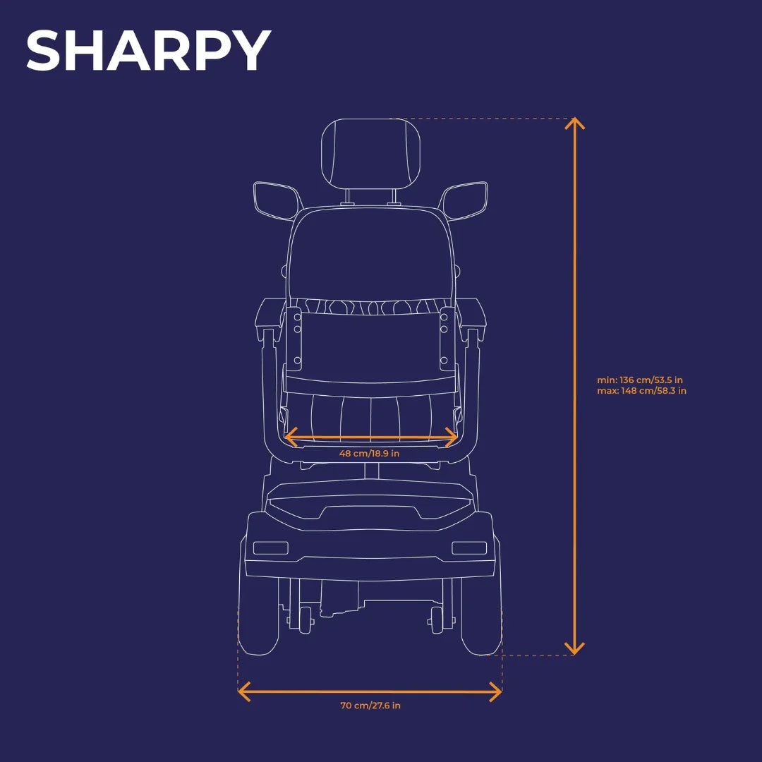 Electric Mobility Scooter Veleco Sharpy features measurements with a width of 48 cm and height adjustments from 136 to 148 cm.