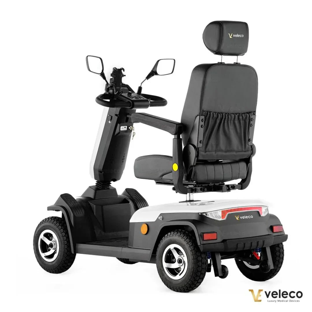 Electric Mobility Scooter Veleco Sharpy features a comfortable seat, ergonomic design, and sturdy wheels.