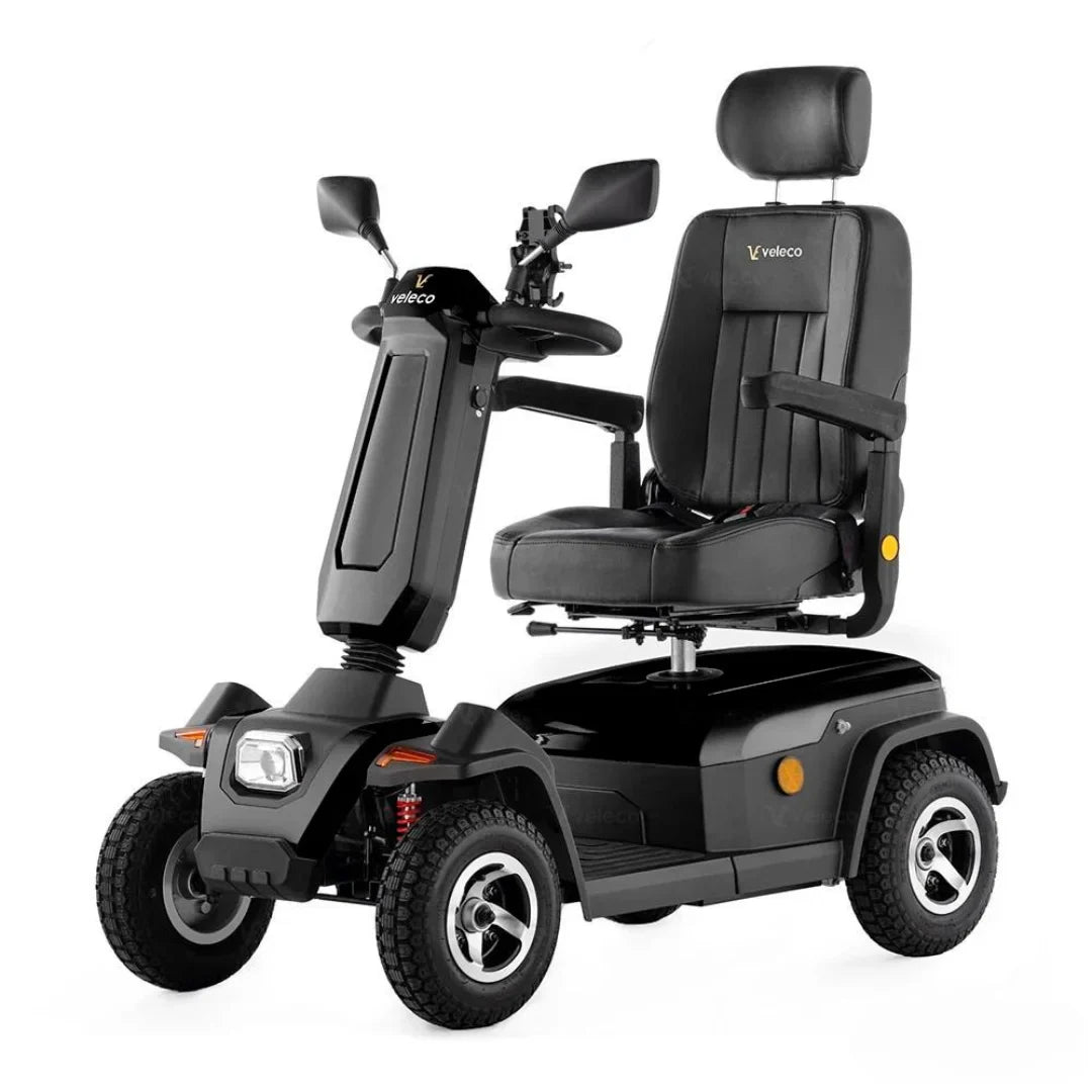 Electric Mobility Scooter Veleco Sharpy features a sleek black design, comfortable seat, and sturdy tires for smooth rides.