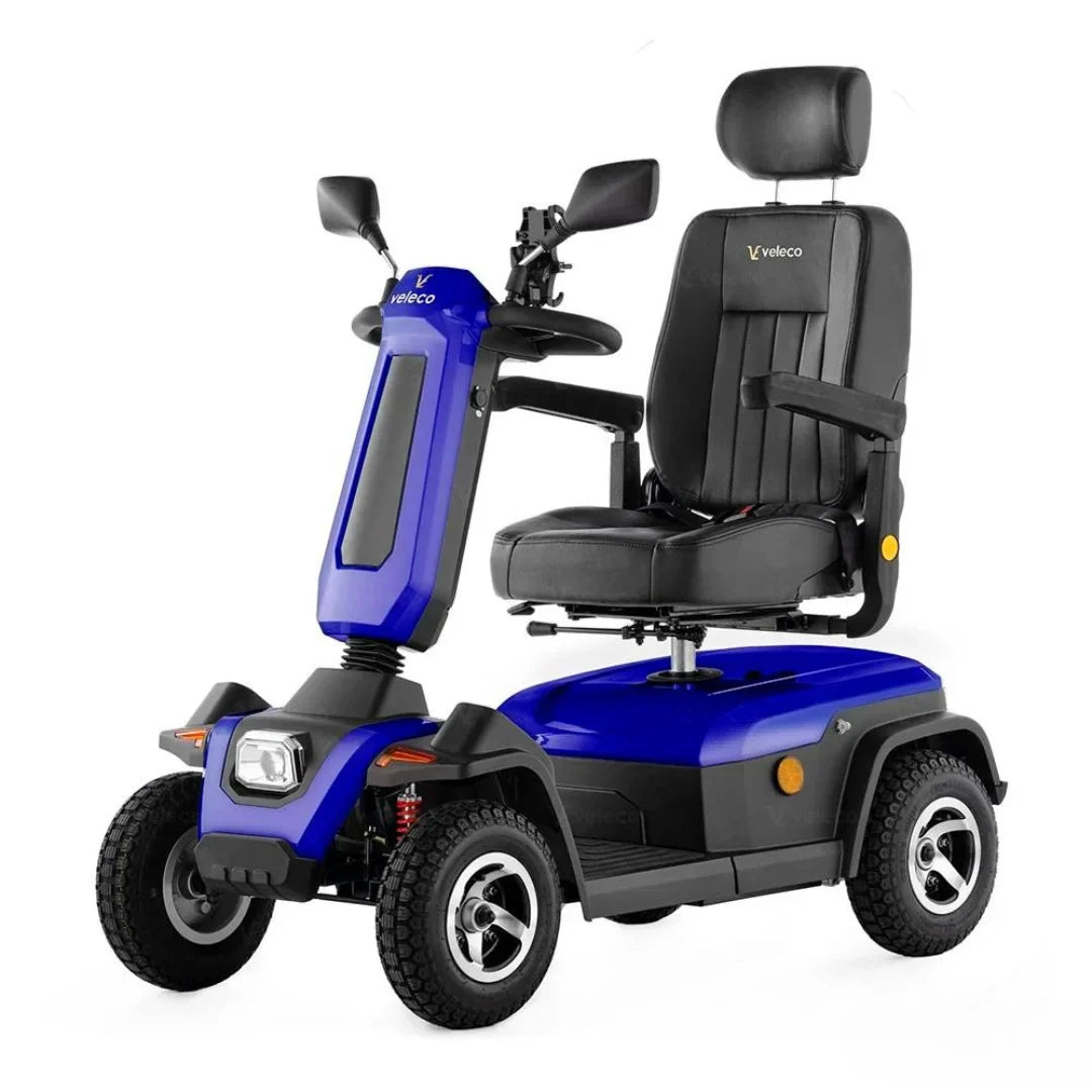 Electric Mobility Scooter Veleco Sharpy features a sleek blue design, comfortable padded seat, and sturdy wheels for stability.