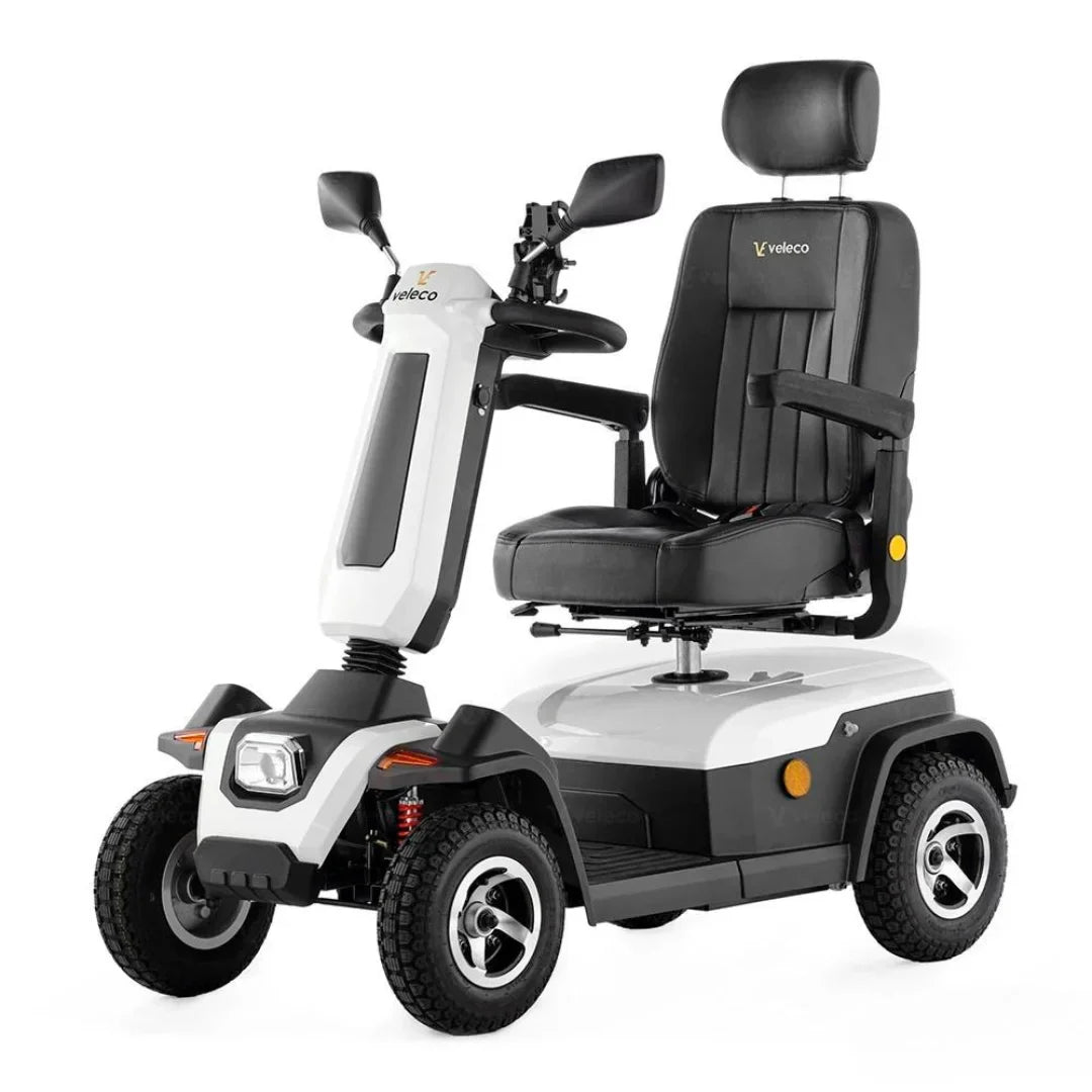 Electric Mobility Scooter Veleco Sharpy, features a comfortable black seat, sturdy frame, and compact design.