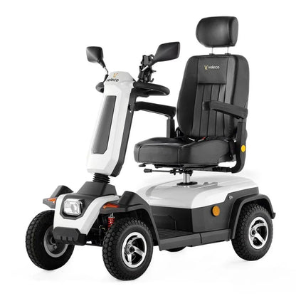 Electric Mobility Scooter Veleco Sharpy, features a comfortable black seat, sturdy frame, and compact design.