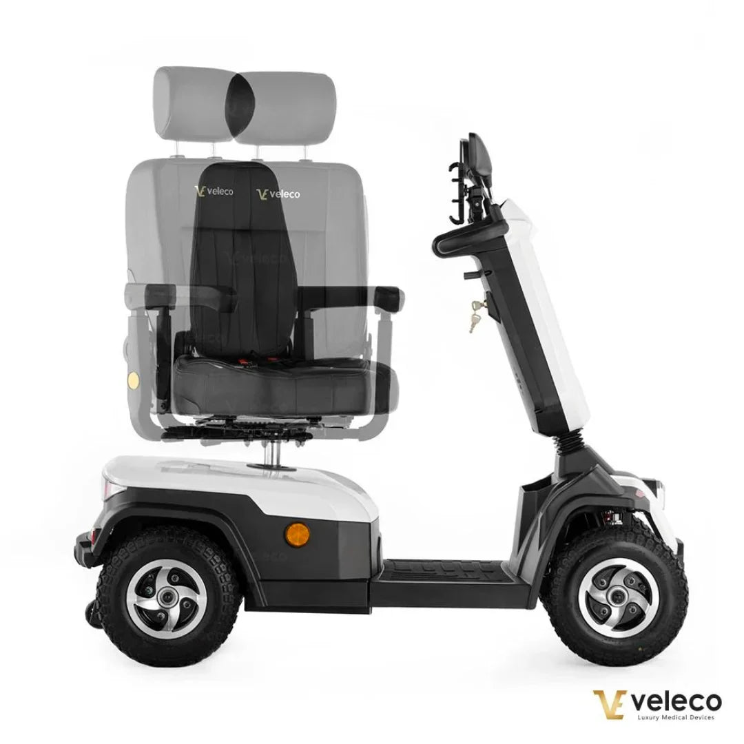 Electric Mobility Scooter Veleco Sharpy features a comfortable seat with adjustable headrest and sturdy build, ideal for mobility.