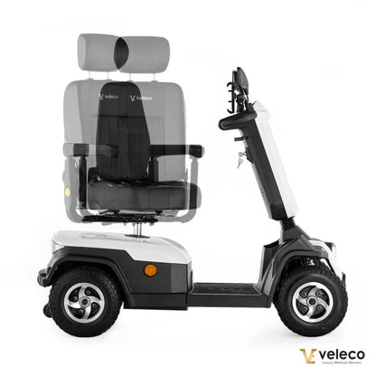 Electric Mobility Scooter Veleco Sharpy features a comfortable seat with adjustable headrest and sturdy build, ideal for mobility.