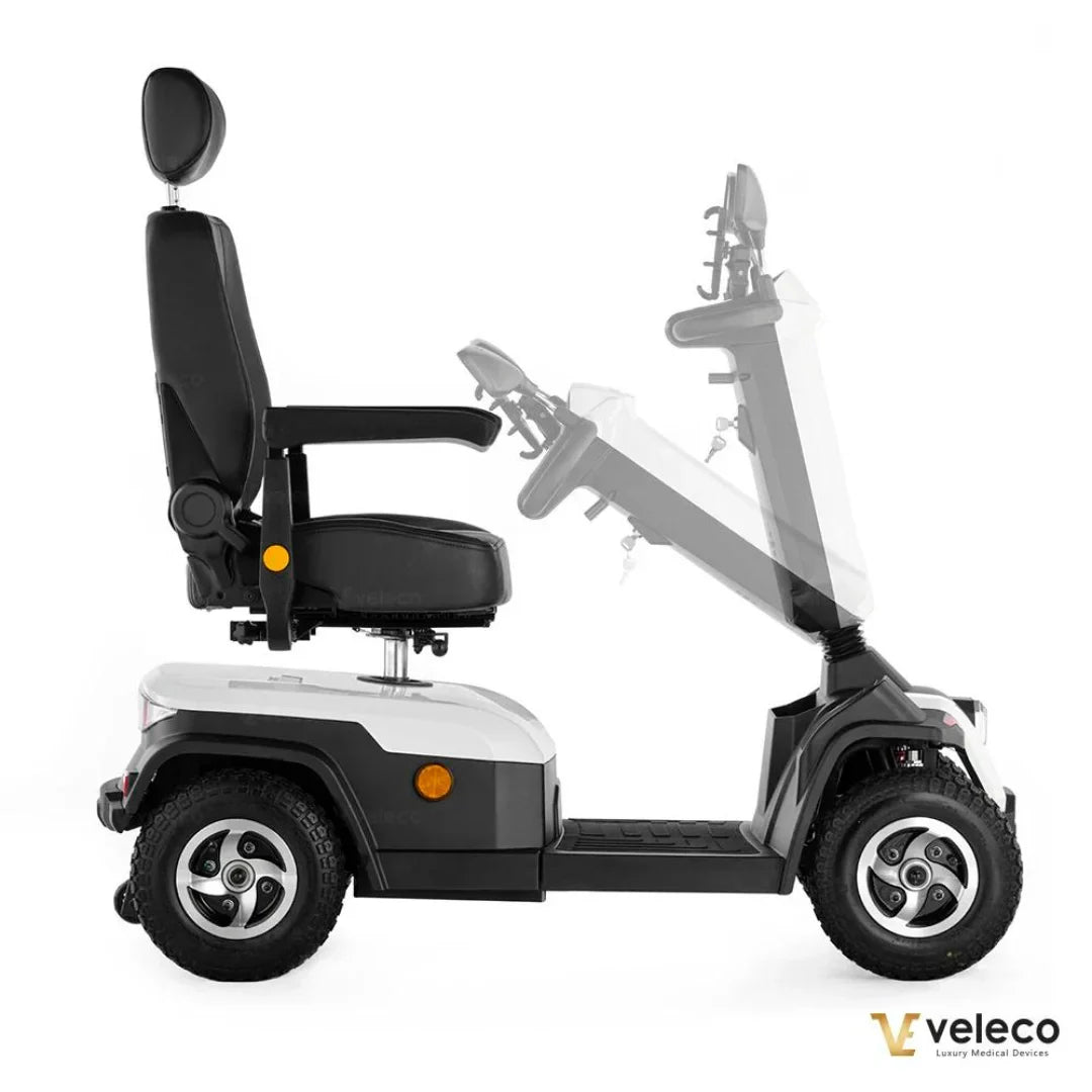Electric Mobility Scooter Veleco Sharpy, features a sleek design with adjustable seat and durable wheels.