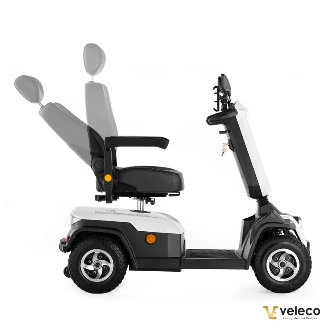 Electric Mobility Scooter Veleco Sharpy, featuring an adjustable chair and robust wheels for comfort and stability.