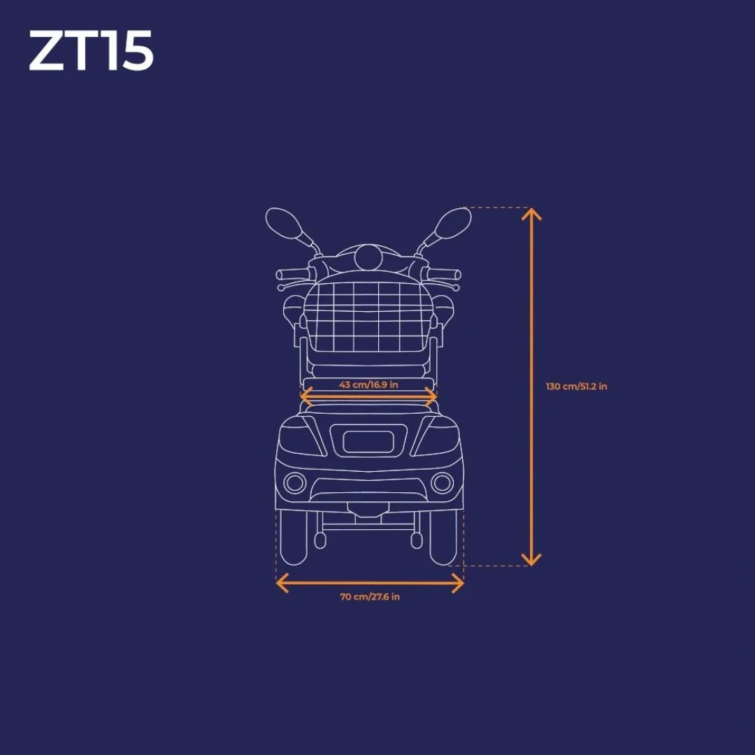 Electric Mobility Scooter Veleco ZT15, detailed dimensions, measures 130 cm tall, 70 cm wide, and 43 cm deep.