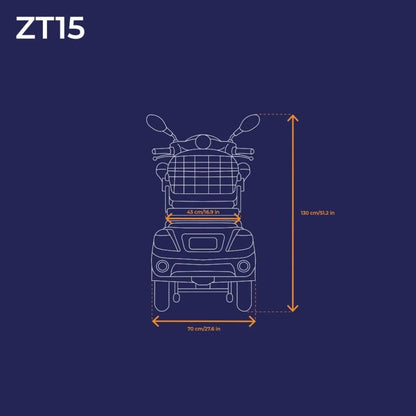 Electric Mobility Scooter Veleco ZT15, detailed dimensions, measures 130 cm tall, 70 cm wide, and 43 cm deep.