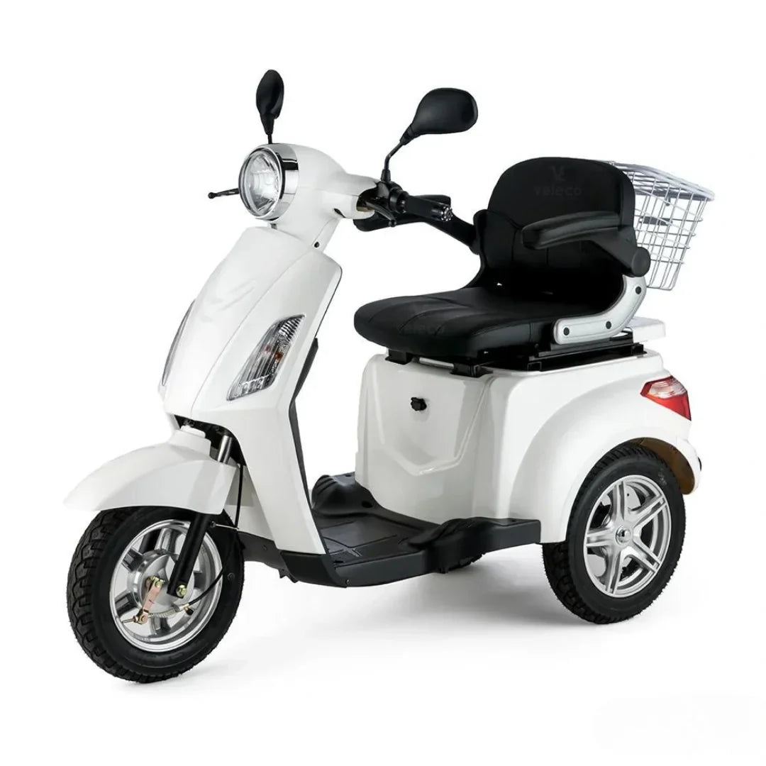Electric Mobility Scooter Veleco Zt15, stylish white design, features a comfortable black seat and basket.