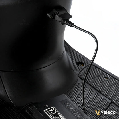 Electric Mobility Scooter Veleco Zt63 features a sleek design, showcasing a charging port connected to the battery.