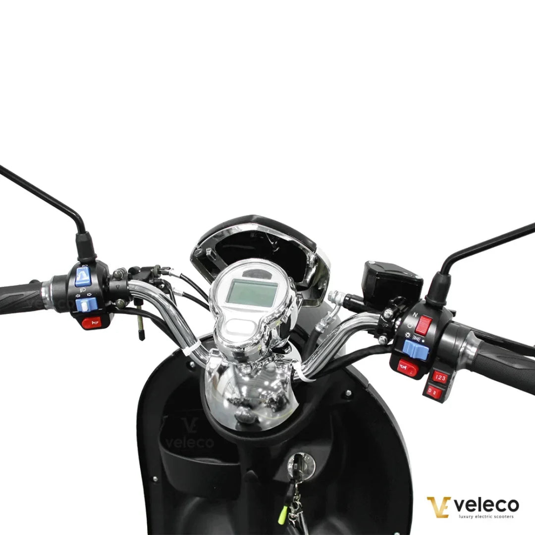 Electric Mobility Scooter Veleco Zt63 features a sleek handlebar design with controls and a digital display.