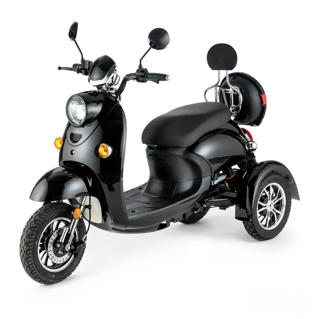 Electric Mobility Scooter Veleco Zt63 features a sleek black design, comfortable seat, and modern design elements.