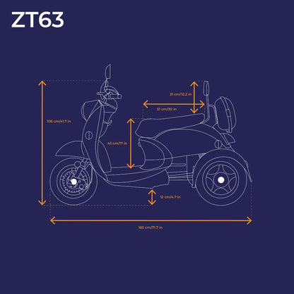 Electric Mobility Scooter Veleco ZT63 features detailed dimensions for easy reference, showcasing its ergonomic design.