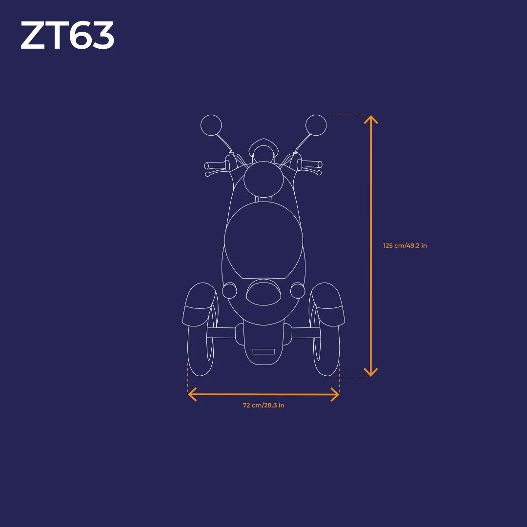 Electric Mobility Scooter Veleco Zt63 features a top-down schematic design showing dimensions of 125 cm height and 72 cm width.