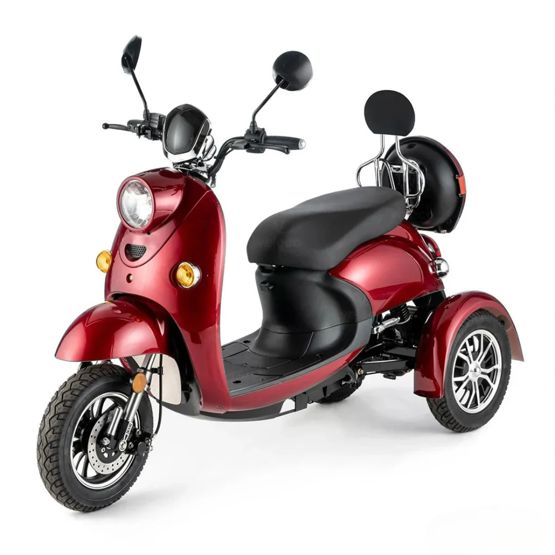 Electric Mobility Scooter Veleco ZT63 features a sleek red design, comfortable seating, and three wheels for stability.