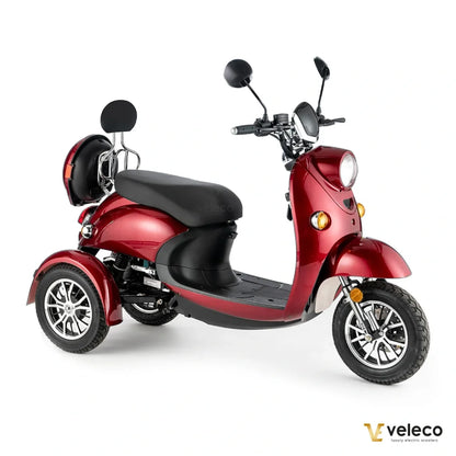 Electric Mobility Scooter Veleco Zt63 features a sleek red design, three wheels for stability, and comfortable seating.