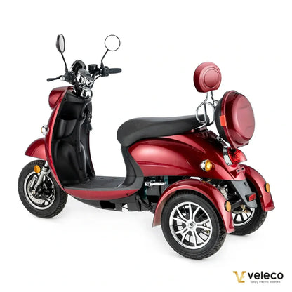 Electric Mobility Scooter Veleco Zt63, stylish red design, three wheels for stability, comfortable seat.