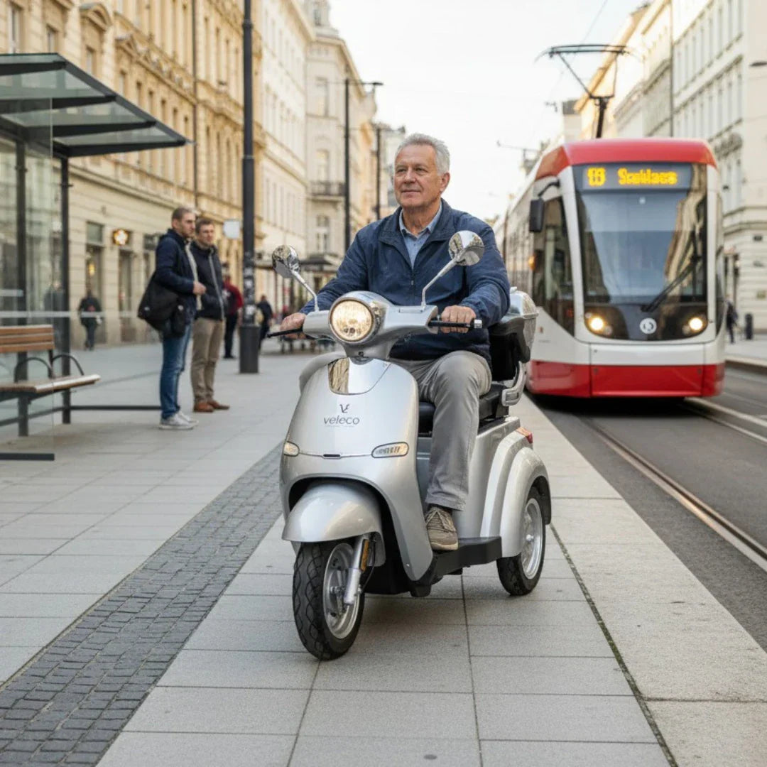 Veleco Cristal – man riding on city sidewalk