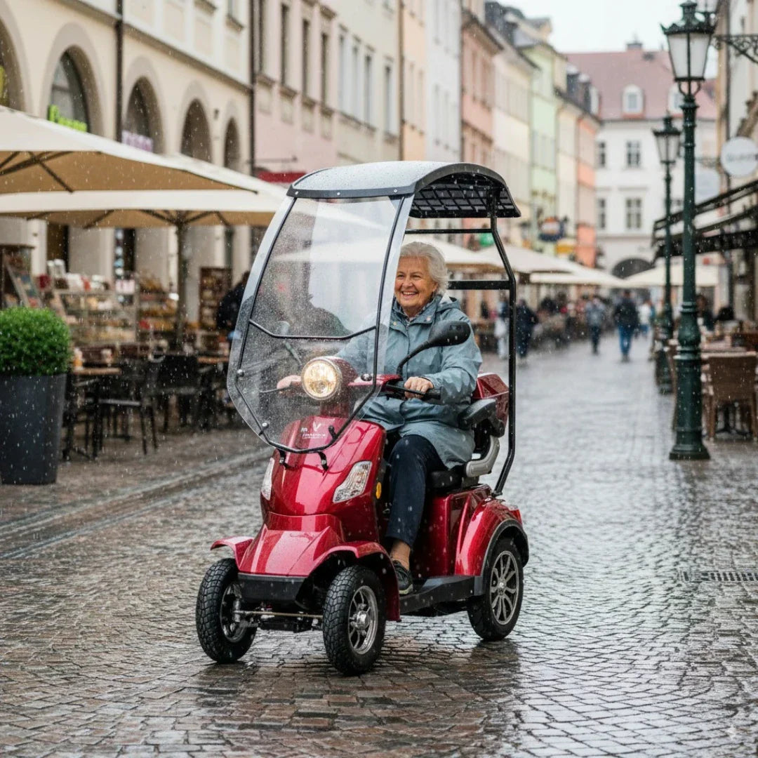 Veleco Faster – woman driving with roof on cobblestone street
