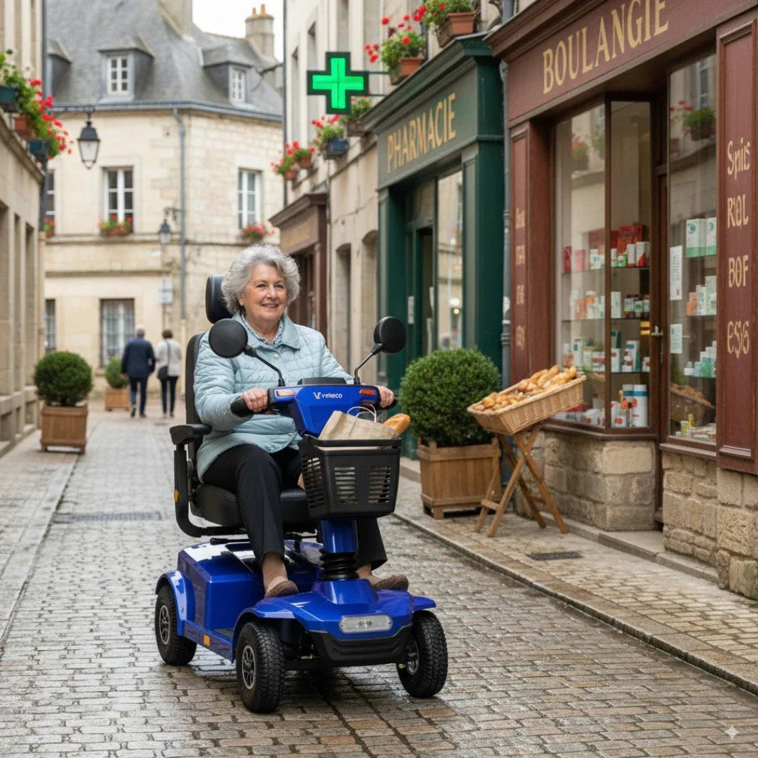 Veleco Jumpy – blue colour variant, woman riding in town