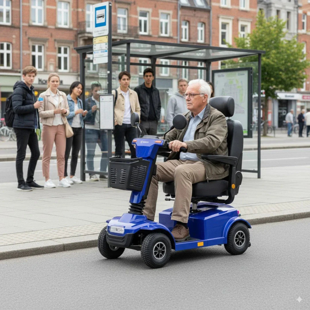 Veleco Jumpy – blue colour variant, man riding past bus stop