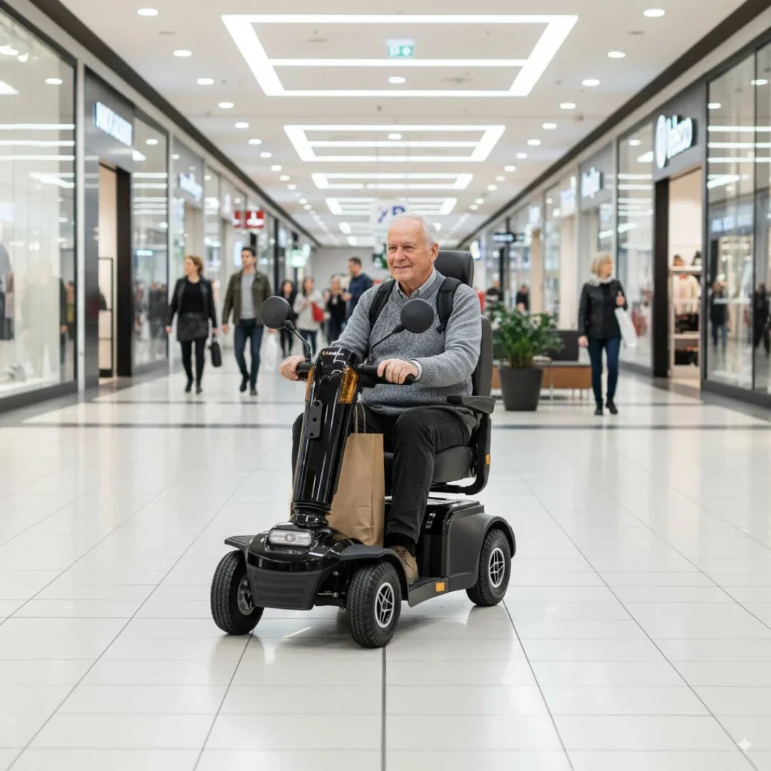 Veleco Looper – elderly man on black scooter in shopping mall