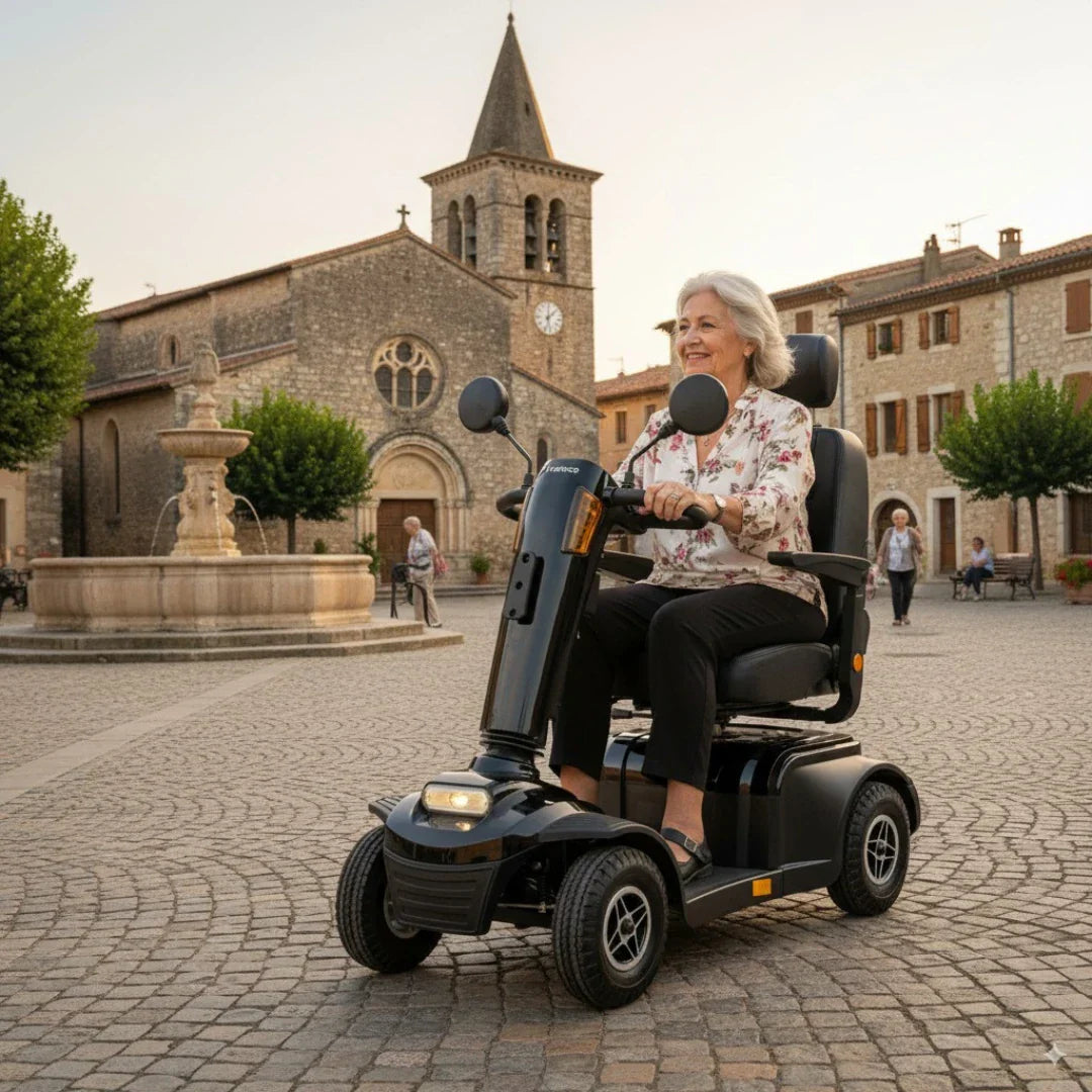 Veleco Looper – elderly woman on black scooter in town square