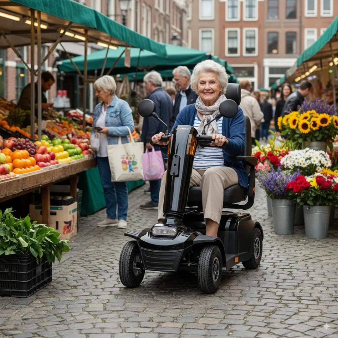 Veleco Looper – elderly woman on black scooter at market
