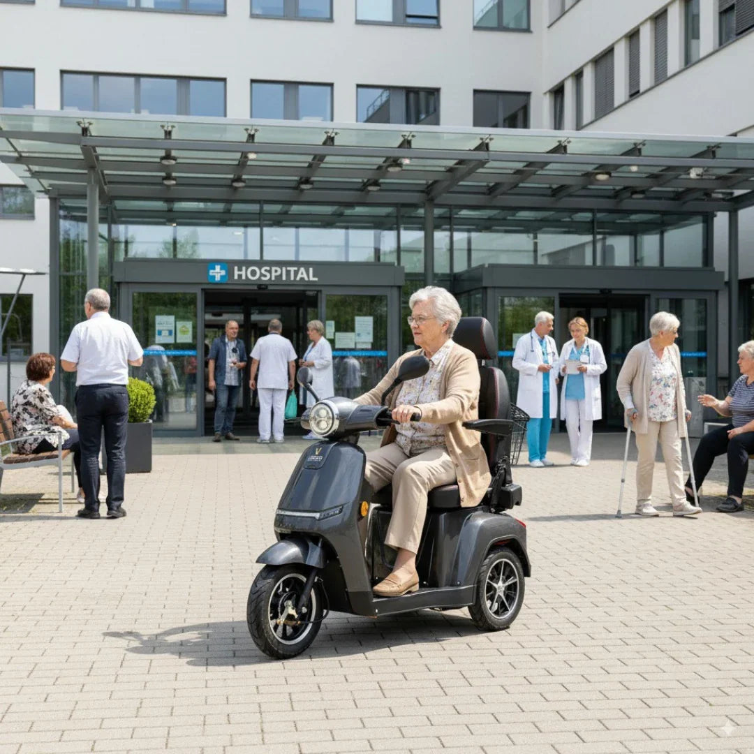 Veleco Turris – elderly woman riding outside hospital