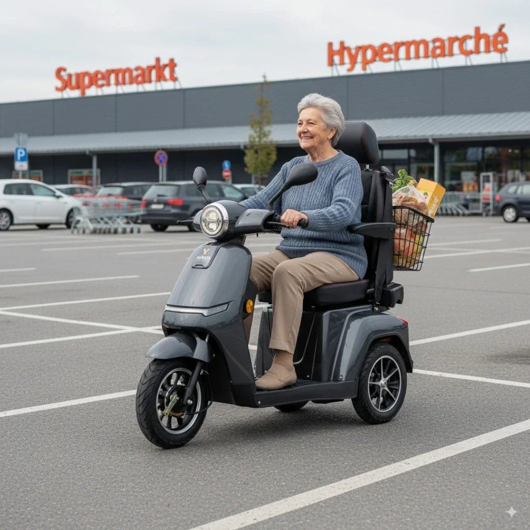 Veleco Turris – woman riding scooter in supermarket car park