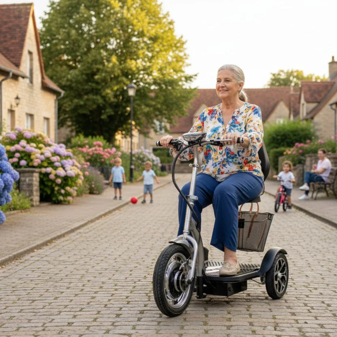Veleco ZT16 – woman riding on cobbled street