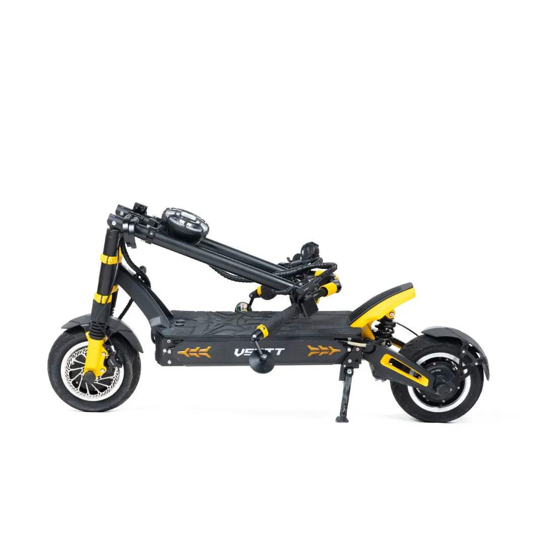 Electric Scooter Vsett 11 Super, sleek folding design with a black and yellow color scheme for easy transport.