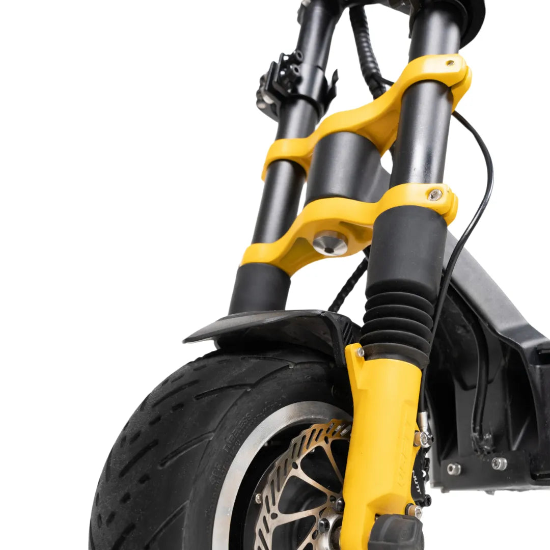 Electric Scooter Vsett 11 Super features a sturdy front fork with bold yellow accents and robust tire, ensuring stability.