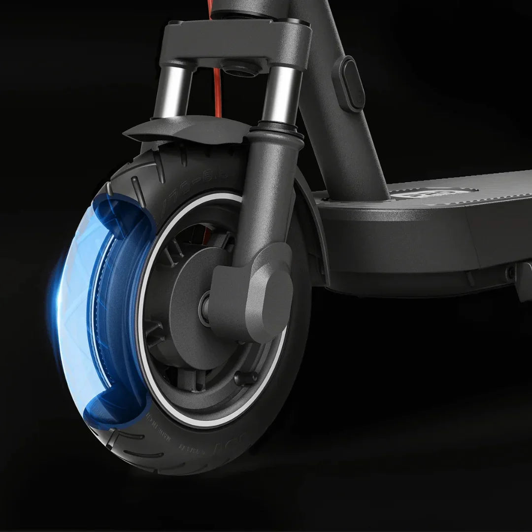Electric Scooter Xiaomi 5 Pro features a sleek front wheel with LED highlights for enhanced visibility and safety.