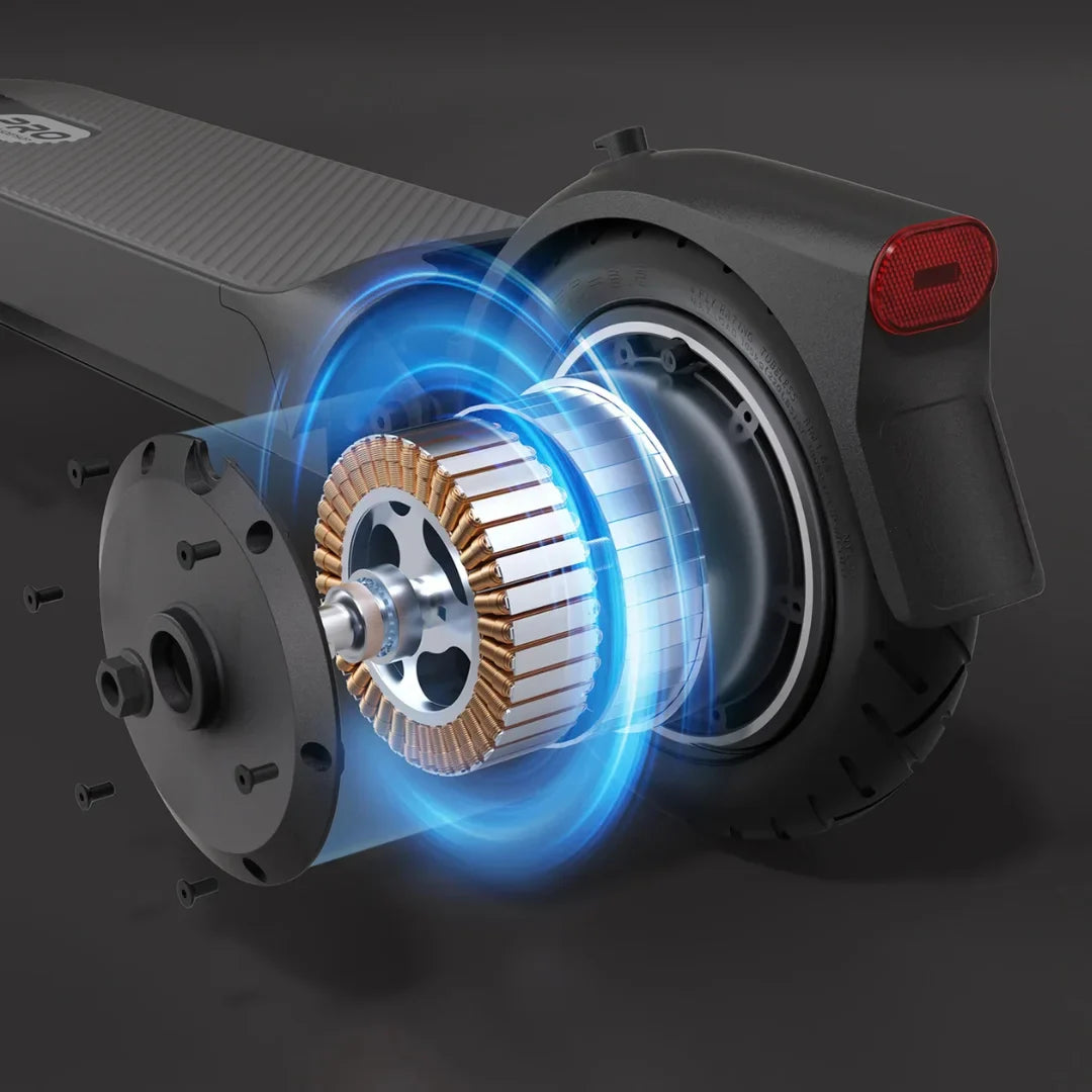 Electric Scooter Xiaomi 5 Pro features a powerful motor with sleek design, showcasing the inner mechanism and components.