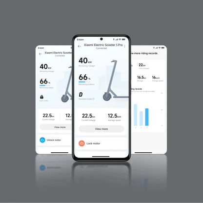 Electric Scooter Xiaomi 5 Pro, smartphone app displaying mileage, battery status, and riding records.