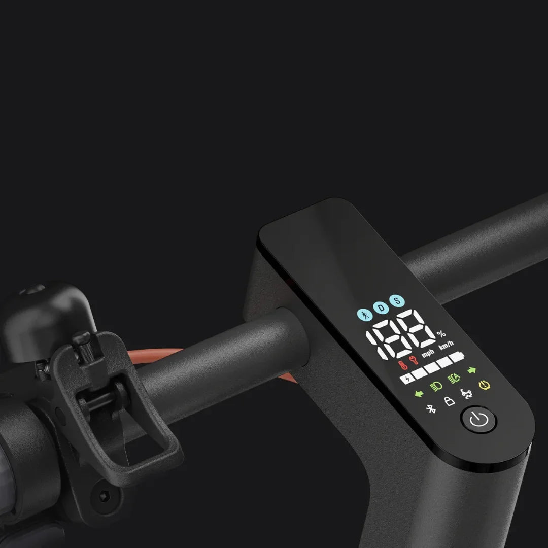 Electric Scooter Xiaomi 5 Pro features a sleek display panel, showing speed, battery level, and mode indicators.